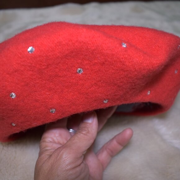 Vintage Red Wool Beret French Girl Style Sparkly Embellished Hat Chic - Picture 8 of 12